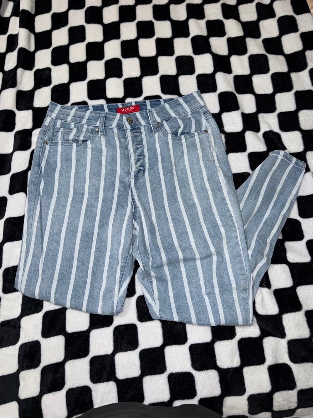 GUESS Women's Light Blue and White Vertical Stripe Skinny Jeans